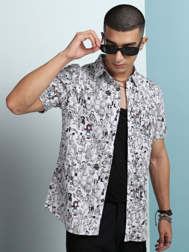 Highlander Men Grey Printed Slim Fit Casual Shirt - White - Image 1