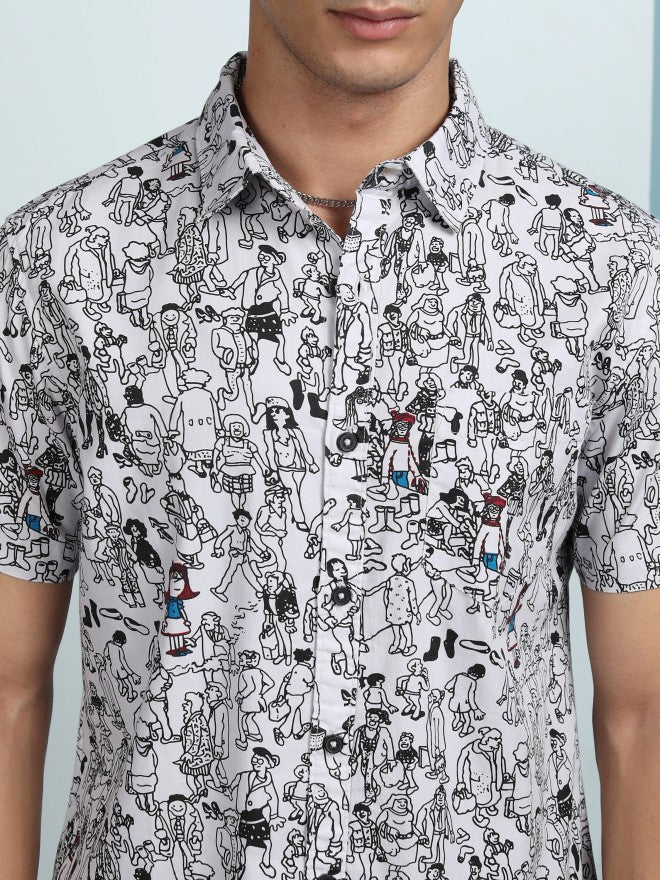Highlander Men Grey Printed Slim Fit Casual Shirt - White - Image 5