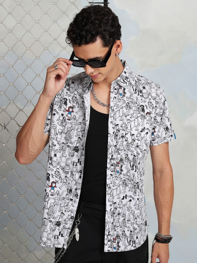 Highlander Men Grey Printed Slim Fit Casual Shirt - White - Image 1