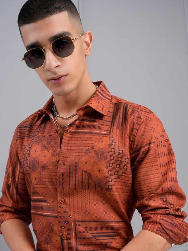 Highlander Men Orange Printed Slim Fit Casual Shirt - Orange - Image 1