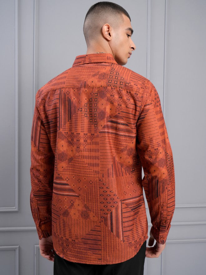 Highlander Men Orange Printed Slim Fit Casual Shirt - Orange - Image 3