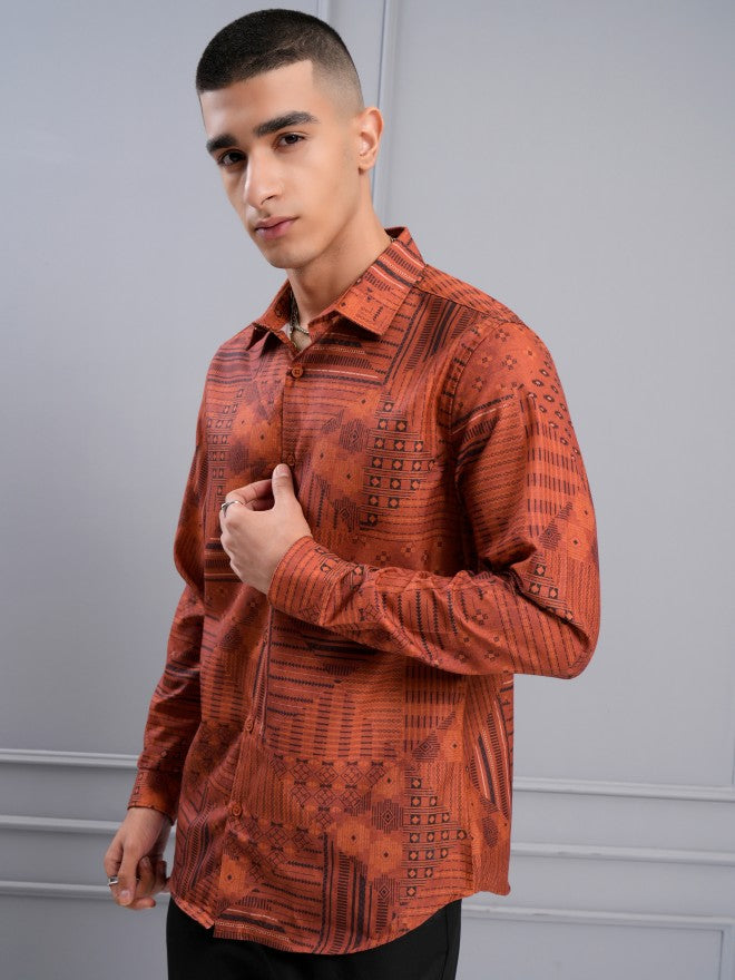 Highlander Men Orange Printed Slim Fit Casual Shirt - Orange - Image 4