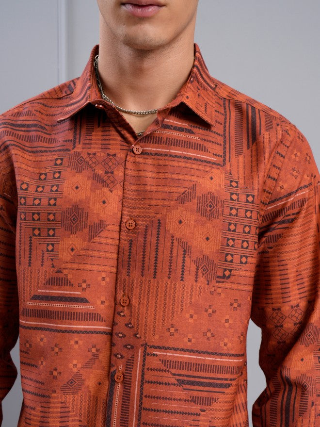 Highlander Men Orange Printed Slim Fit Casual Shirt - Orange - Image 5