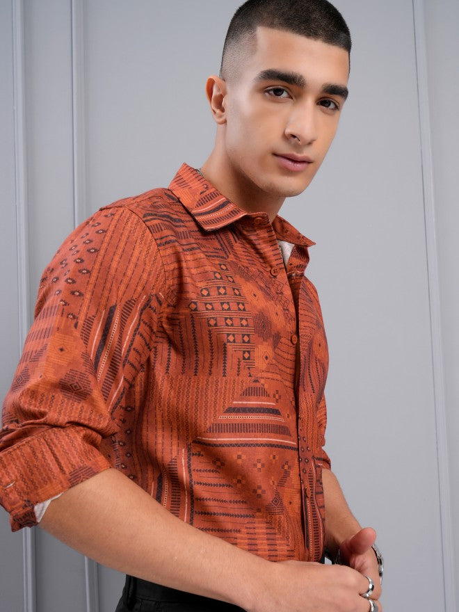 Highlander Men Orange Printed Slim Fit Casual Shirt - Orange - Image 6