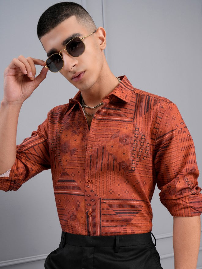 Highlander Men Orange Printed Slim Fit Casual Shirt - Orange - Image 7