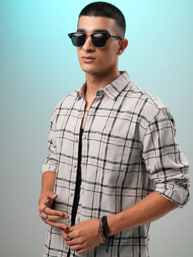 Highlander Men Grey Checked Relaxed Fit Casual Shirt - Grey - Image 4