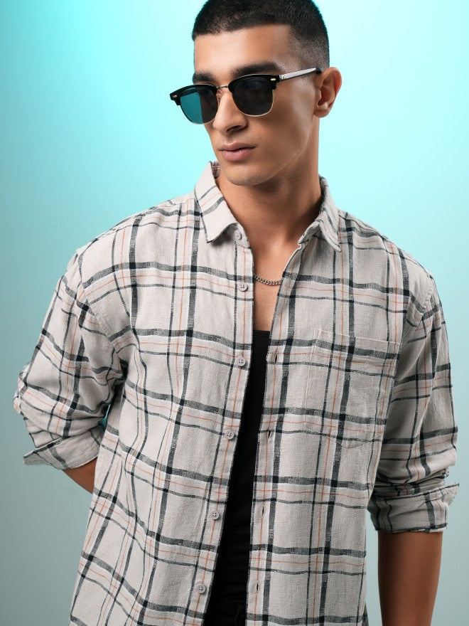 Highlander Men Grey Checked Relaxed Fit Casual Shirt - Grey - Image 8