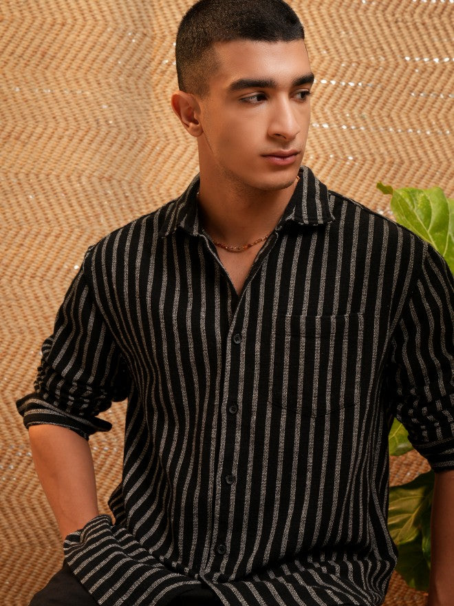 Highlander Men Black Striped Relaxed Fit Casual Shirt - Black - Image 1