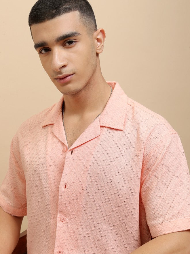 Highlander Men Peach Textured Relaxed Fit Casual Shirt - Peach - Image 1