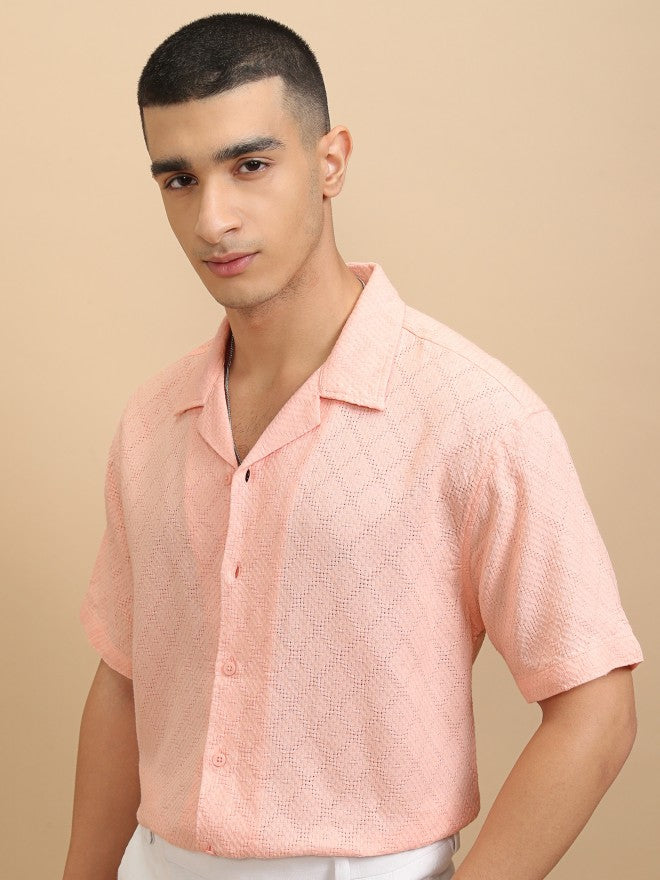 Highlander Men Peach Textured Relaxed Fit Casual Shirt - Peach - Image 4