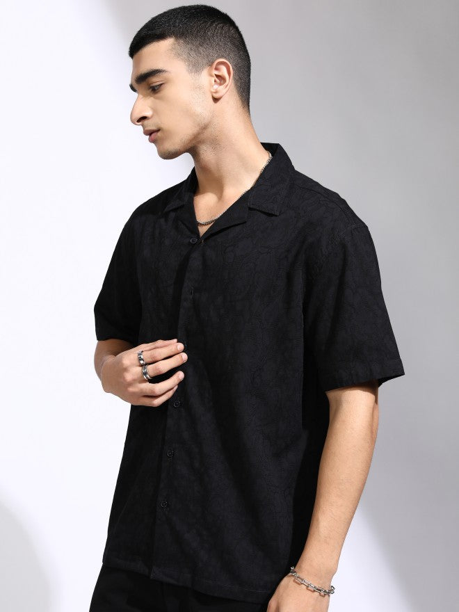 Highlander Men Black Textured Relaxed Fit Casual Shirt - Black - Image 4