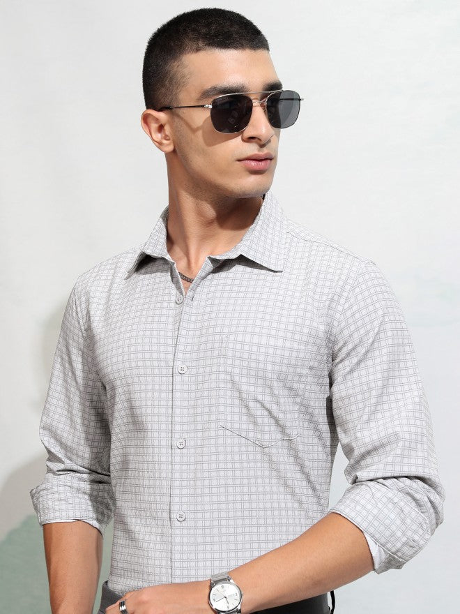 Highlander Men Grey Checked Regular Fit Casual Shirt - Grey - Image 1