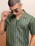 Highlander Men Olive Striped Relaxed Fit Casual Shirt - Olive - Image 1