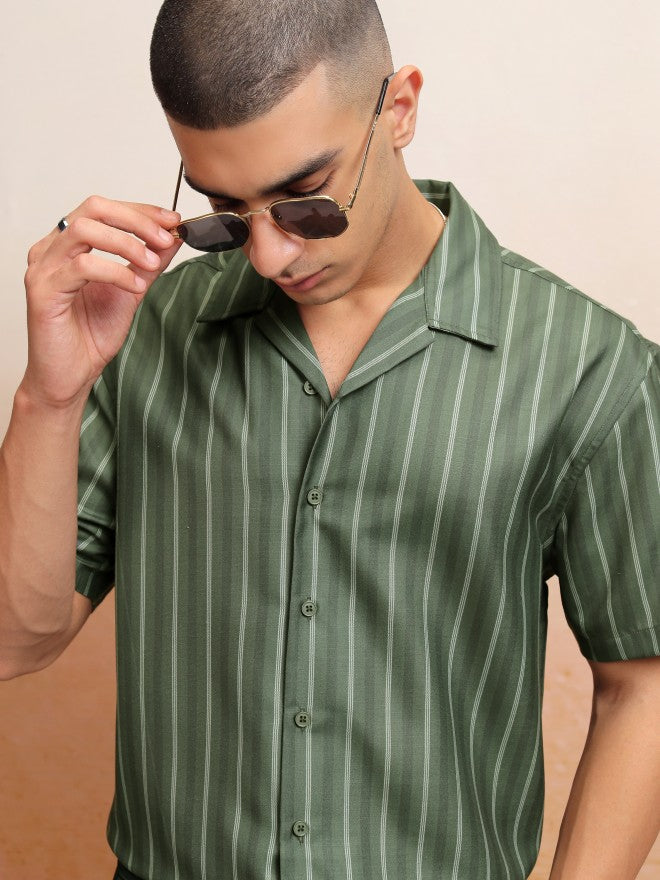 Highlander Men Olive Striped Relaxed Fit Casual Shirt - Olive - Image 1