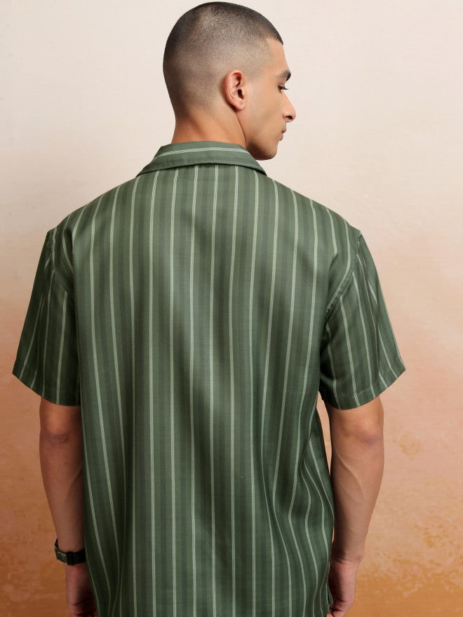 Highlander Men Olive Striped Relaxed Fit Casual Shirt - Olive - Image 3