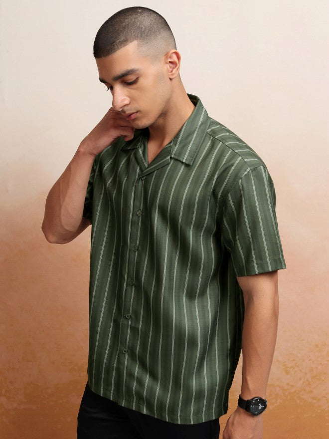 Highlander Men Olive Striped Relaxed Fit Casual Shirt - Olive - Image 4