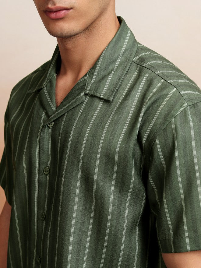 Highlander Men Olive Striped Relaxed Fit Casual Shirt - Olive - Image 5