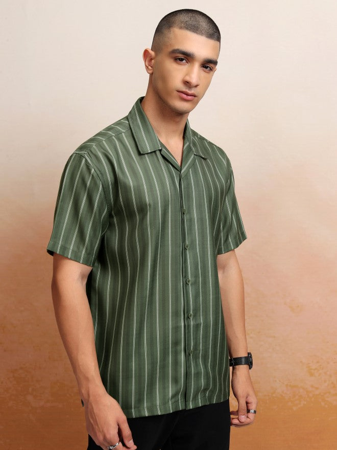 Highlander Men Olive Striped Relaxed Fit Casual Shirt - Olive - Image 6