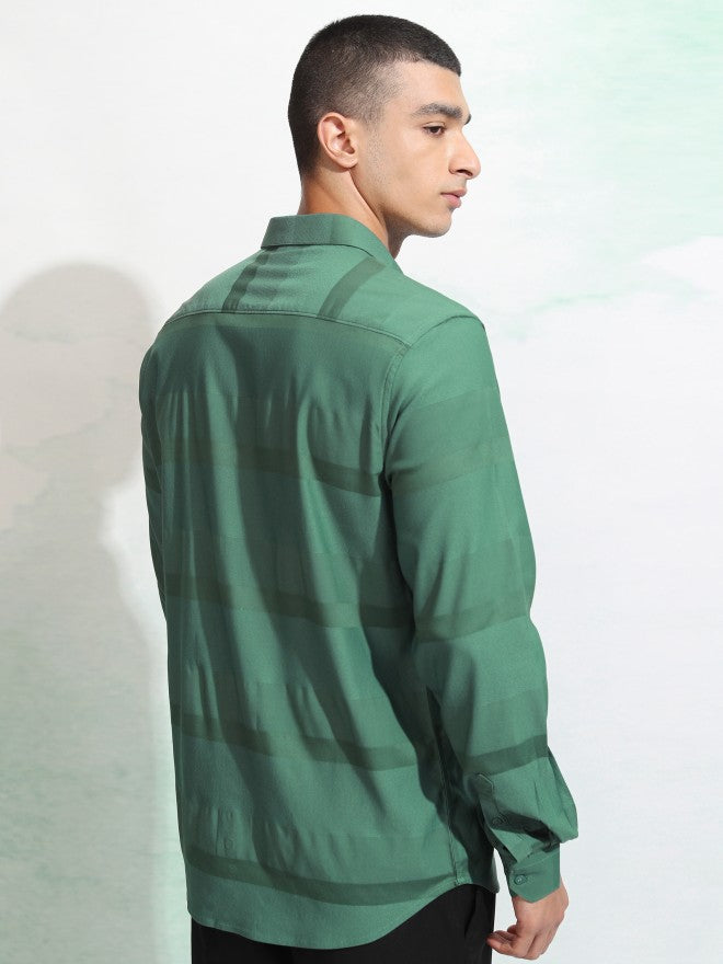 Highlander Men Green Striped Regular Fit Casual Shirt - Green - Image 3