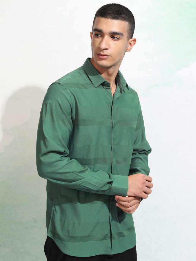 Highlander Men Green Striped Regular Fit Casual Shirt - Green - Image 6