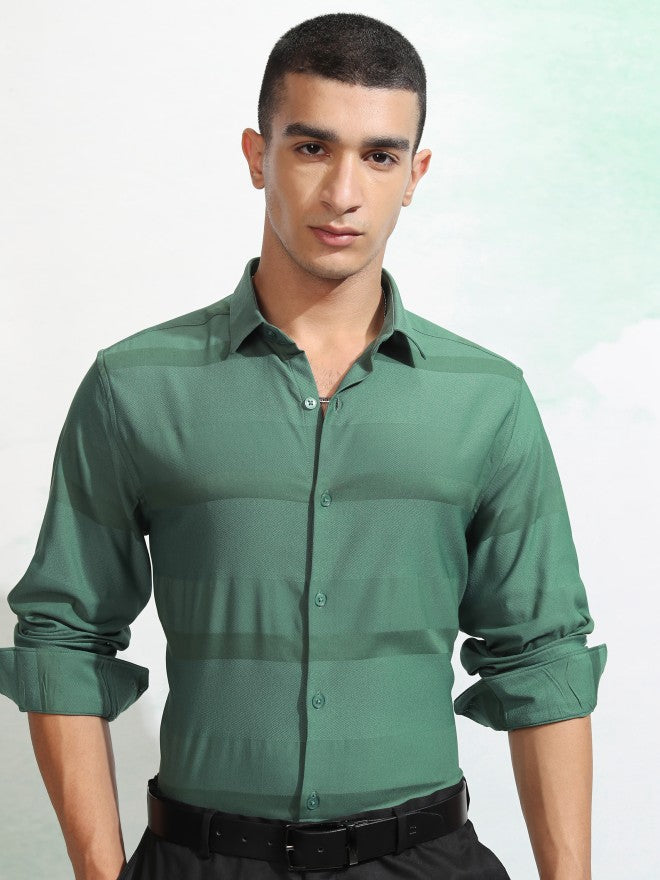Highlander Men Green Striped Regular Fit Casual Shirt - Green - Image 7
