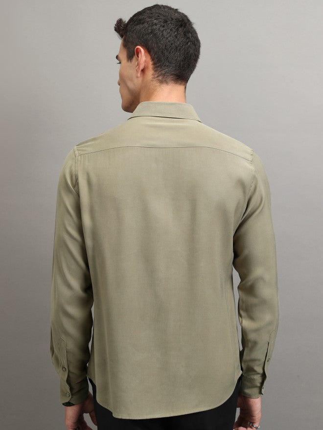 Highlander Men Olive Solid Slim Fit Casual Shirt - Olive - Image 3