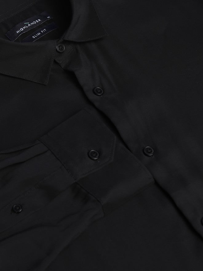 Highlander Men Black Solid Slim Fit Casual Shirt - Black - Image 8