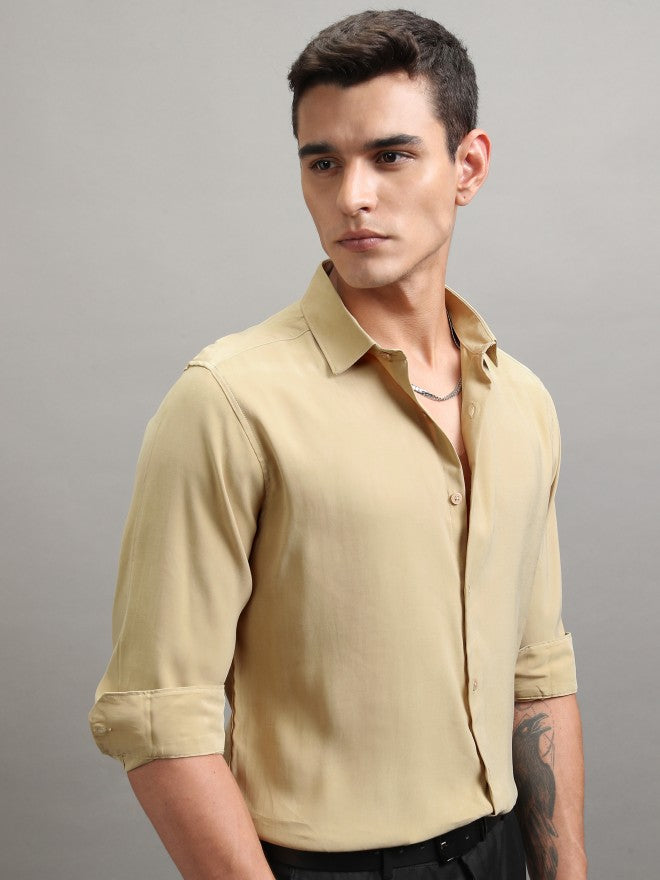 Highlander Men Khaki Solid Slim Fit Casual Shirt - Khaki - Image 6