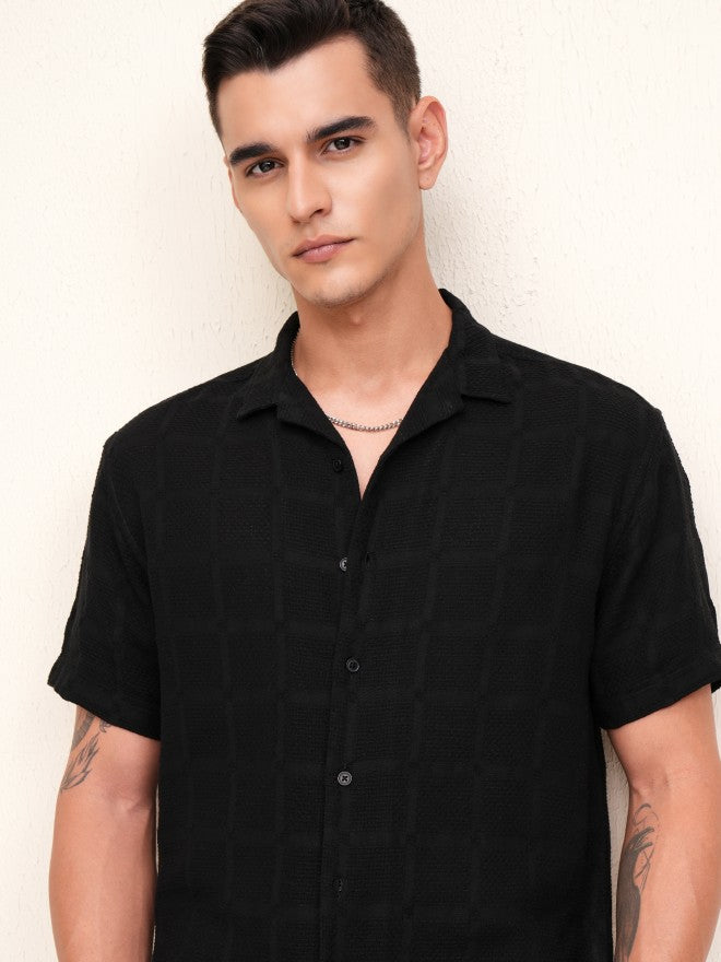 Highlander Men Black Textured Relaxed Fit Casual Shirt - Black - Image 1