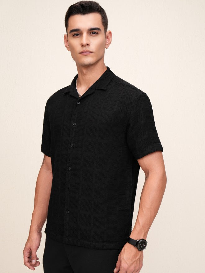 Highlander Men Black Textured Relaxed Fit Casual Shirt - Black - Image 4