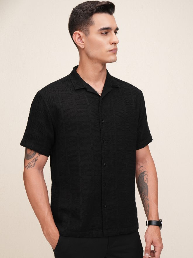Highlander Men Black Textured Relaxed Fit Casual Shirt - Black - Image 6