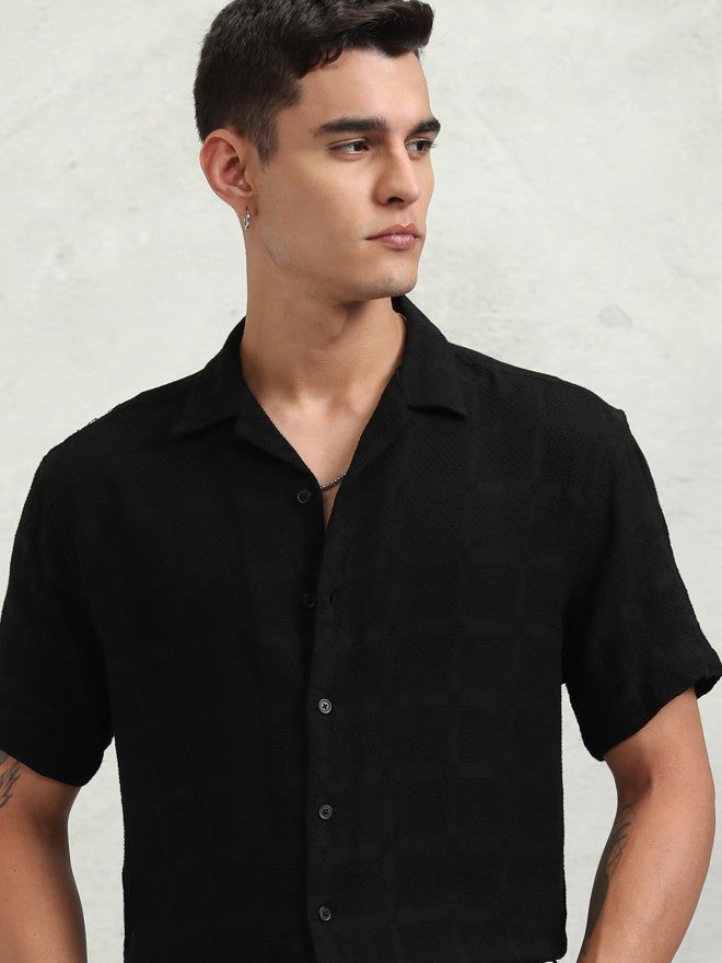 Highlander Men Black Textured Relaxed Fit Casual Shirt - Black - Image 1