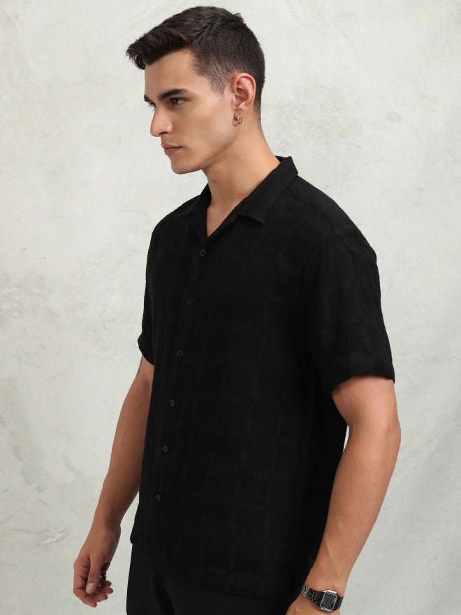 Highlander Men Black Textured Relaxed Fit Casual Shirt - Black - Image 4