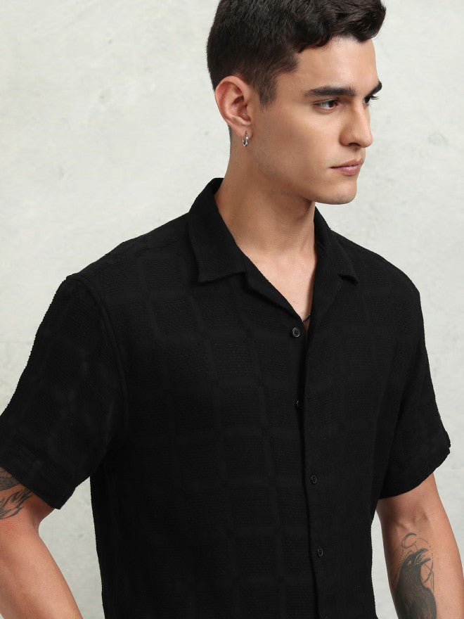 Highlander Men Black Textured Relaxed Fit Casual Shirt - Black - Image 6