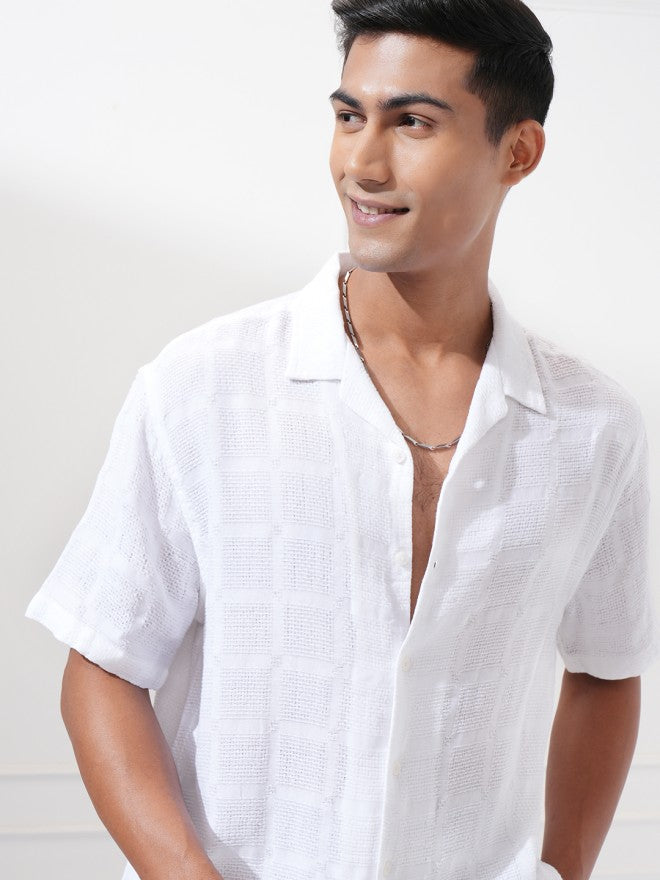 Highlander Men White Textured Relaxed Fit Casual Shirt - White - Image 1