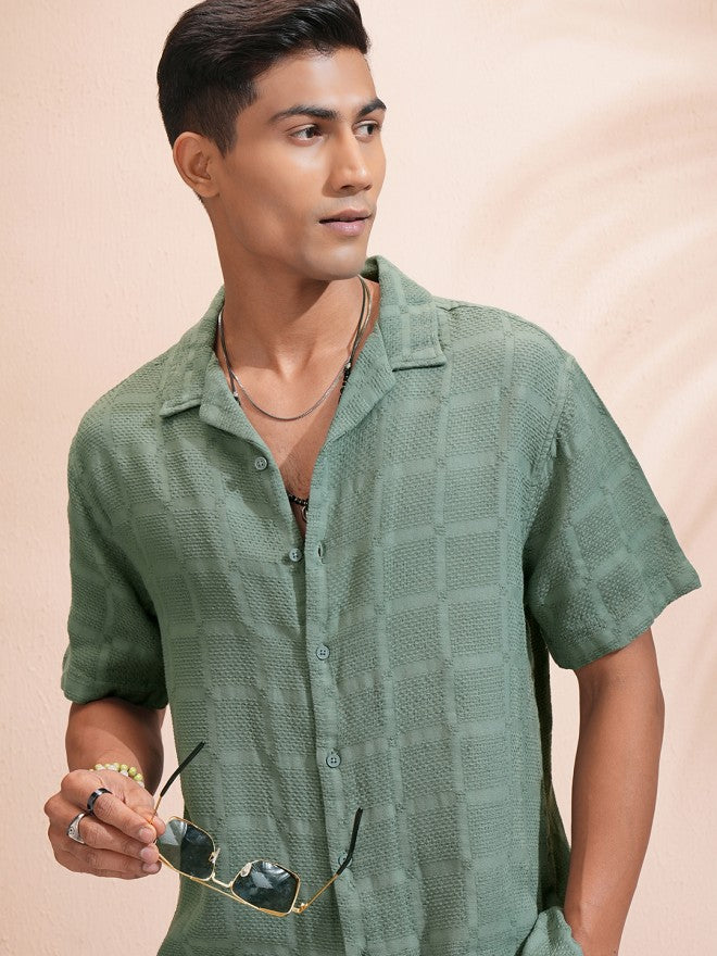 Highlander Men Olive Textured Relaxed Fit Casual Shirt - Olive - Image 1
