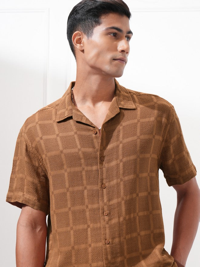 Highlander Men Brown Textured Relaxed Fit Casual Shirt - Brown - Image 1