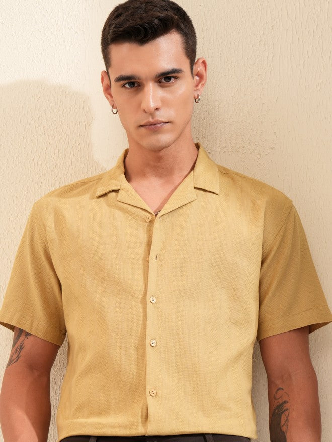 Highlander Men Mustard Textured Relaxed Fit Casual Shirt - Mustard - Image 1
