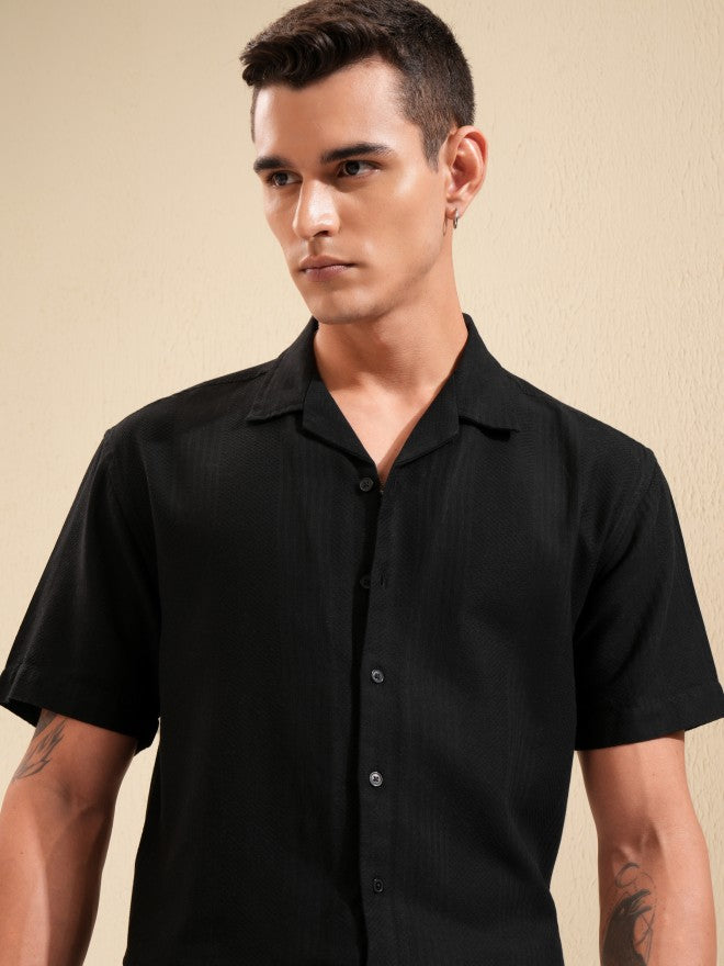 Highlander Men Black Textured Relaxed Fit Casual Shirt - Black - Image 1