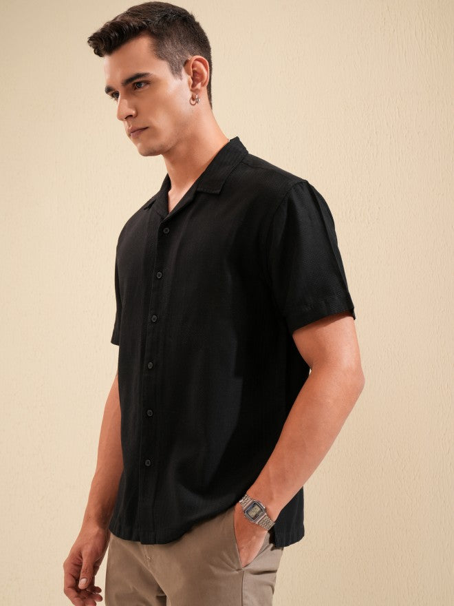 Highlander Men Black Textured Relaxed Fit Casual Shirt - Black - Image 4