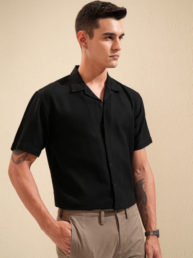 Highlander Men Black Textured Relaxed Fit Casual Shirt - Black - Image 6
