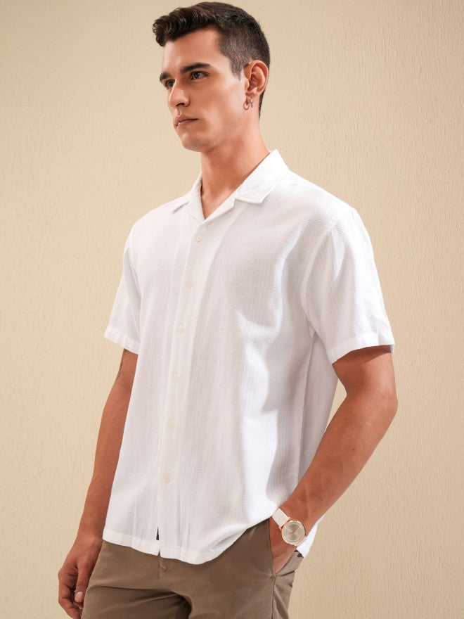 Highlander Men White Textured Relaxed Fit Casual Shirt - White - Image 4