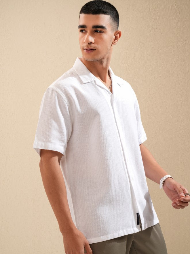Highlander Men White Textured Relaxed Fit Casual Shirt - White - Image 6
