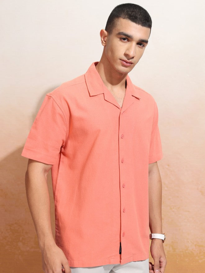 Highlander Men Coral Solid Relaxed Fit Casual Shirt - Coral - Image 6