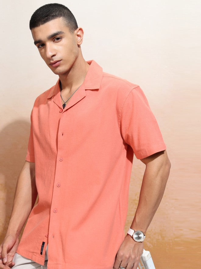 Highlander Men Coral Solid Relaxed Fit Casual Shirt - Coral - Image 7