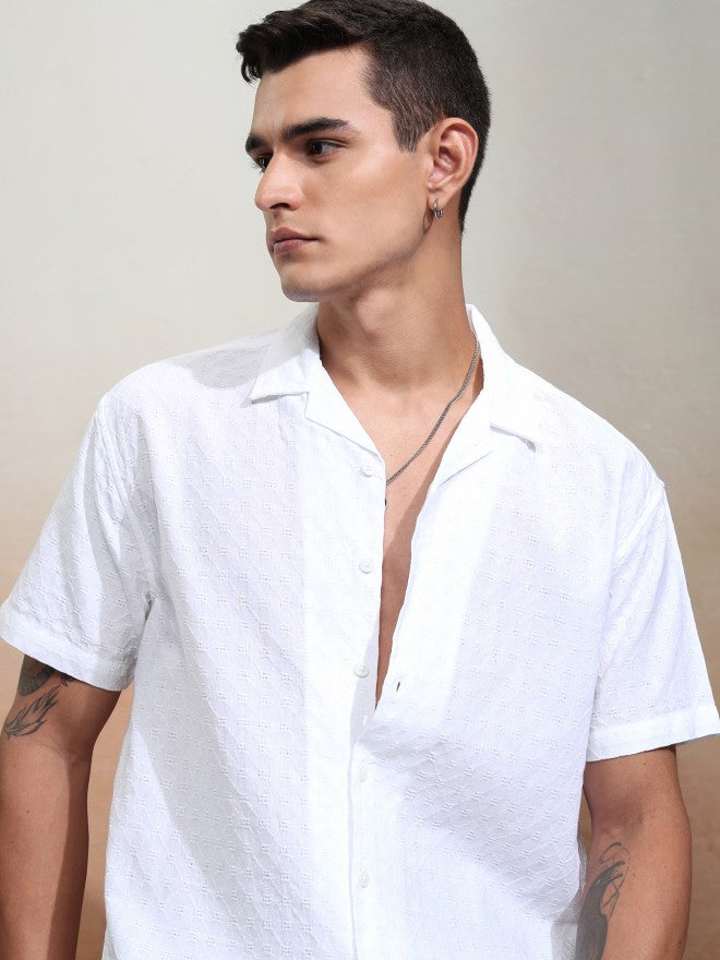 Highlander Men White Textured Relaxed Fit Casual Shirt - White - Image 1