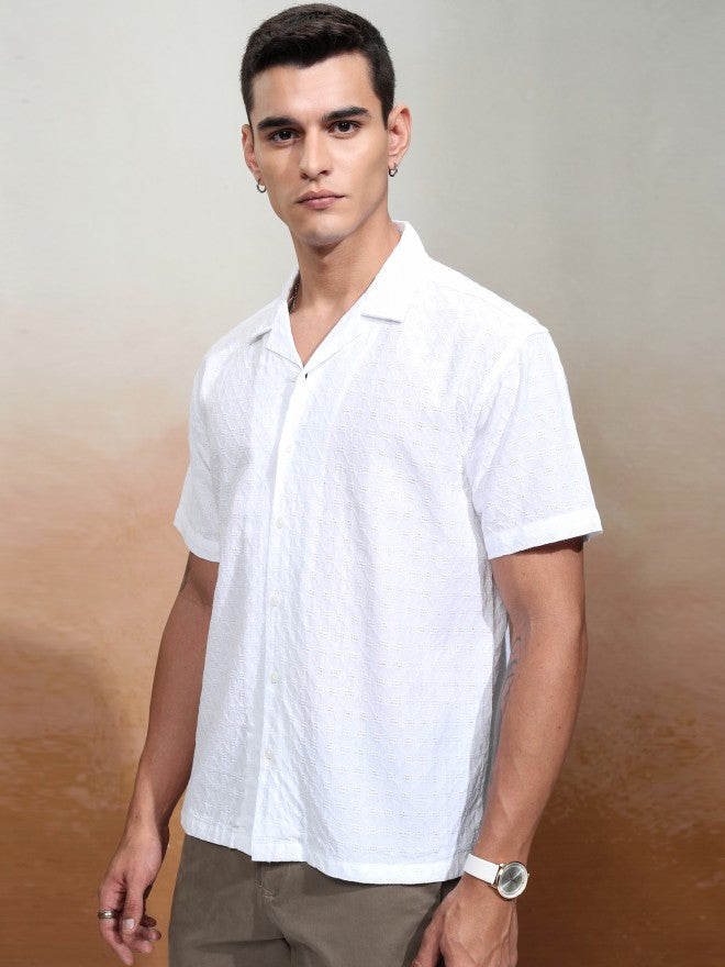Highlander Men White Textured Relaxed Fit Casual Shirt - White - Image 4