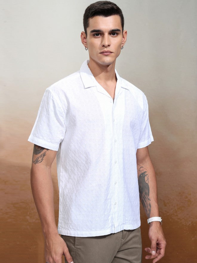 Highlander Men White Textured Relaxed Fit Casual Shirt - White - Image 6