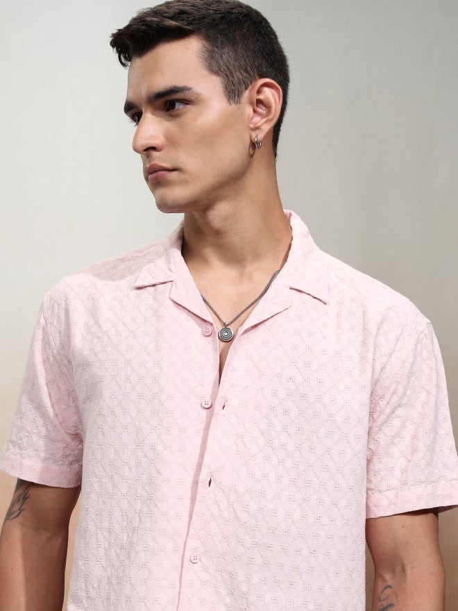 Highlander Men Pink Textured Relaxed Fit Casual Shirt - Pink - Image 1