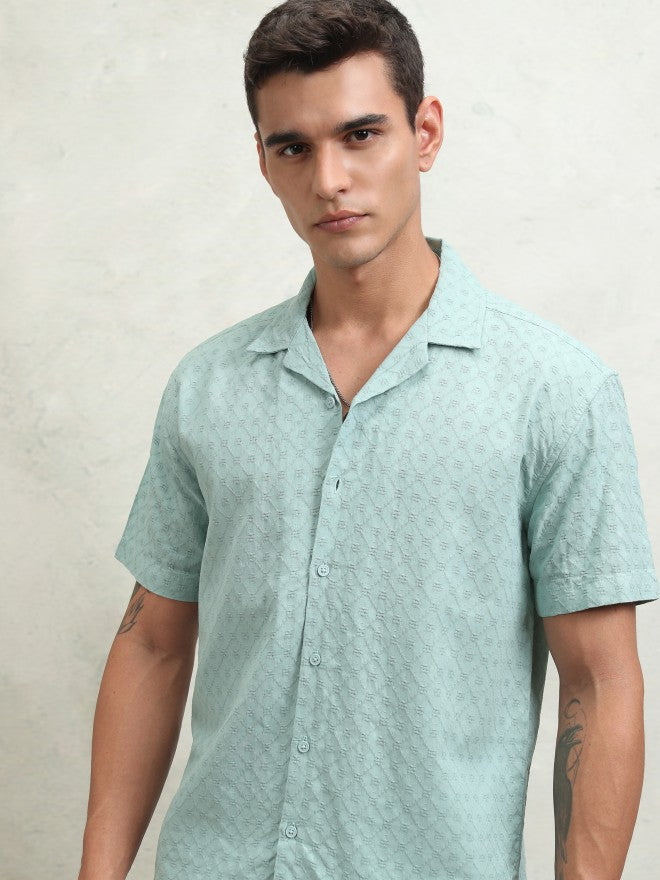 Highlander Men Green Textured Relaxed Fit Casual Shirt - Green - Image 1